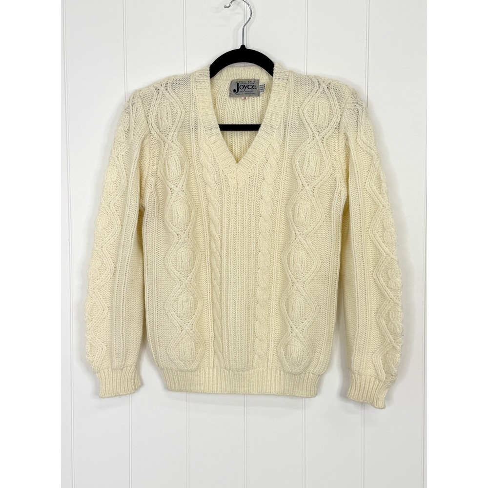 Vintage 80s Joyce Cable Knit V-Neck Sweater Cream Size M Cream Chunky Fisherman